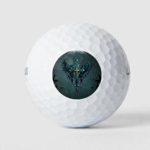 Gothic cross with decorative elements and birds. golf balls
