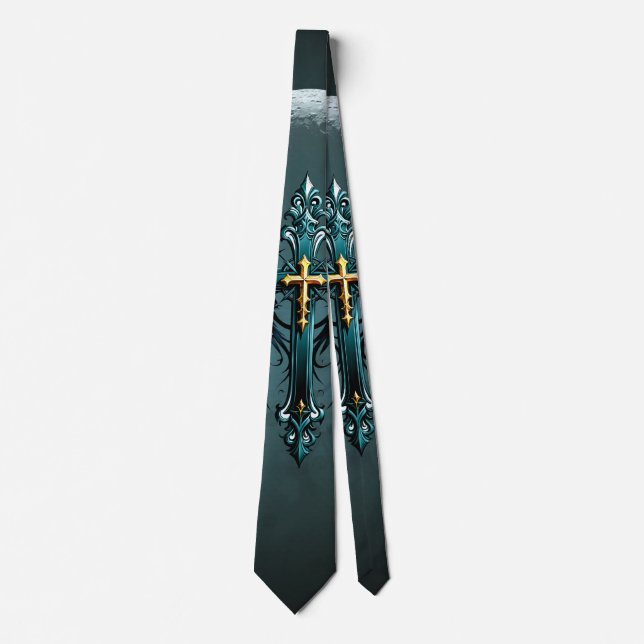 Gothic cross with decorative elements and birds. neck tie (Front)