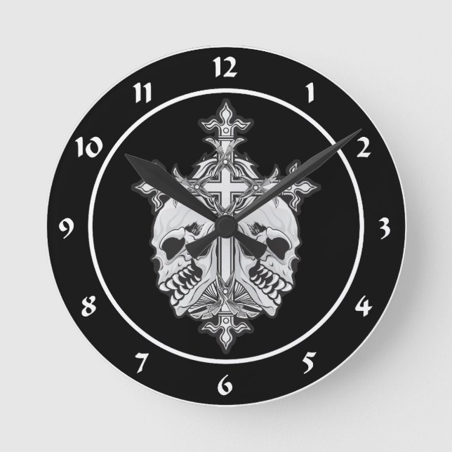 Gothic Cross with Skulls Round Clock (Front)