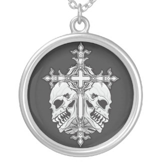 Gothic Cross with Skulls Silver Plated Necklace