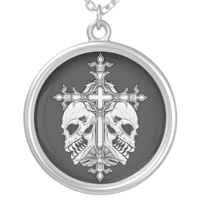 Gothic Cross with Skulls Silver Plated Necklace (Front)