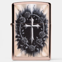 Gothic Cross Zippo with Black Rose Design #5