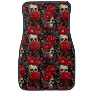 Gothic Crow and Skull Floral Seamless Pattern Car Floor Mat