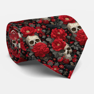 Gothic Crow and Skull Floral Seamless Pattern Neck Tie