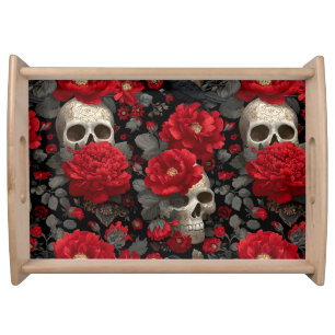 Gothic Crow and Skull Floral Seamless Pattern Serving Tray