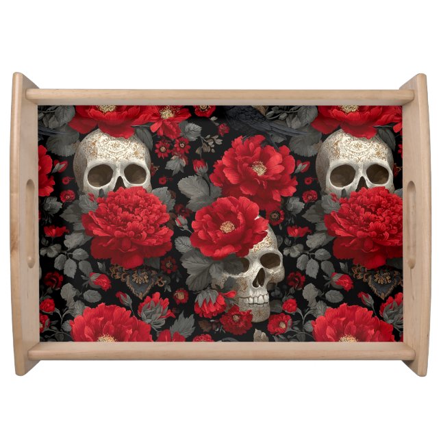 Gothic Crow and Skull Floral Seamless Pattern Serving Tray (Front)
