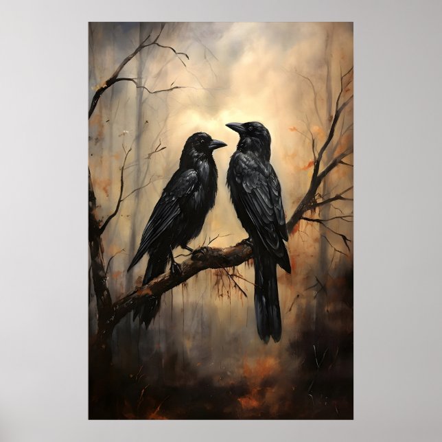 Gothic Crow Art Print, Dark Forest, Raven Oil Poster (Front)