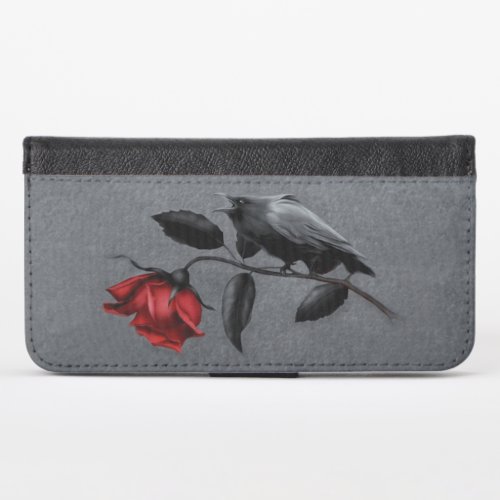 Gothic Crow on Rose Wallet Case