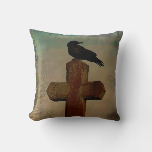 Gothic Crow On Vintage Cross Throw Pillow