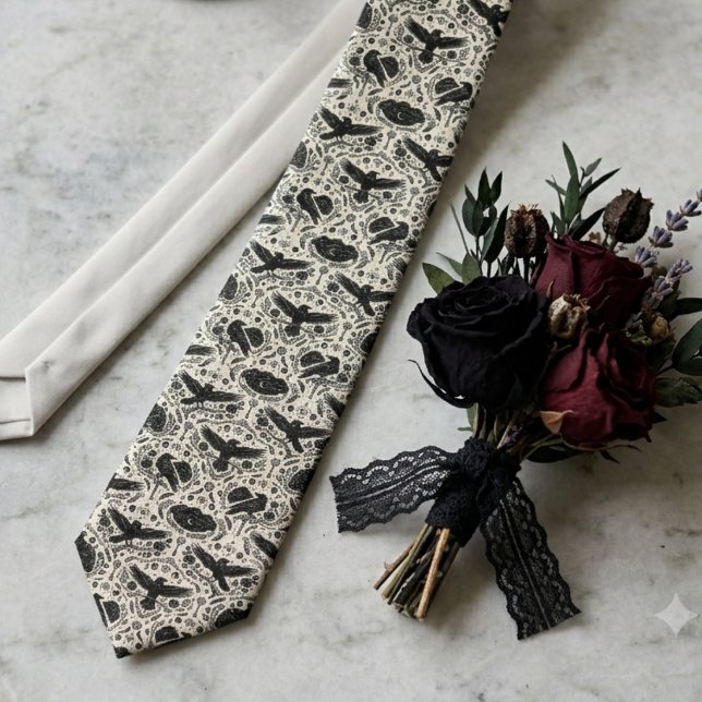 Gothic Crow Print Dark Academia Neck Tie (A raven damask necktie to complete a groom's elegant gothic wedding look.)