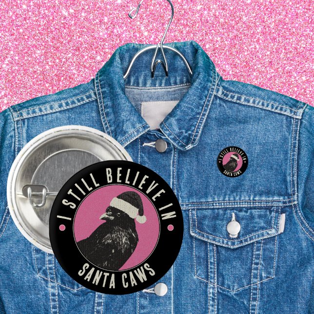 Gothic Crow Santa Caws Pink and Black Holiday Button (This trendy pink and black gothic button pin features a Santa Caws sure to make them smile.)