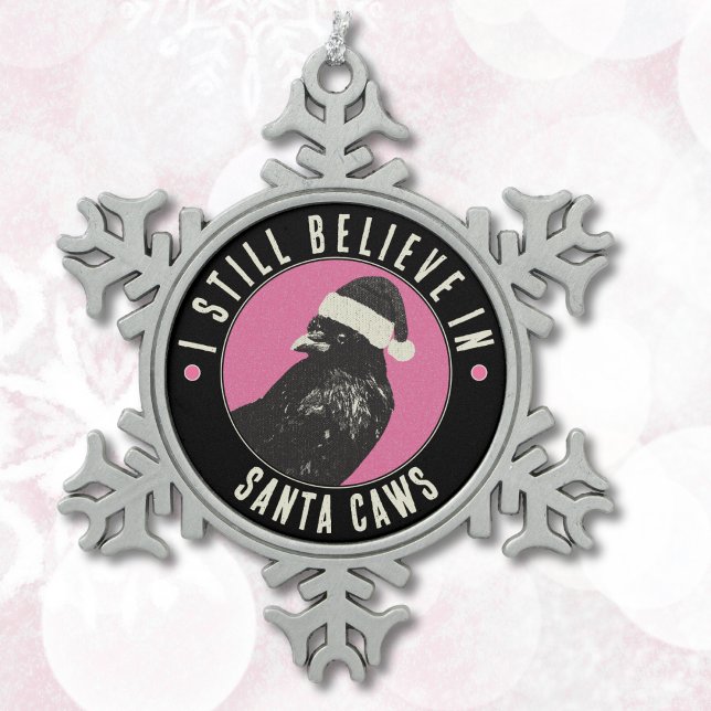Gothic Crow Santa Caws Pink and Black Holiday Snowflake Pewter Christmas Ornament (Capture the whimsy and magic with this Christmas ornament in black and pink with a Santa crow. )