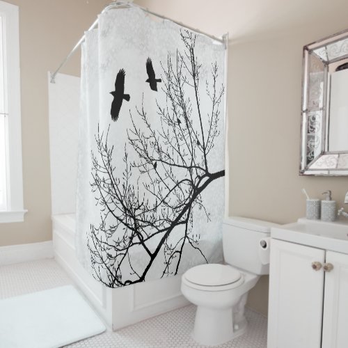 Gothic Crows and Trees Black and White Shower Curtain