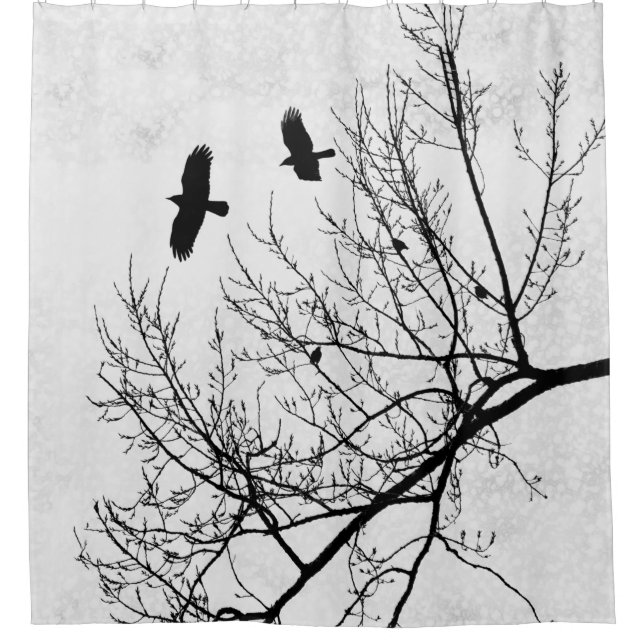 Gothic Crows and Trees Black and White Shower Curtain (Front)