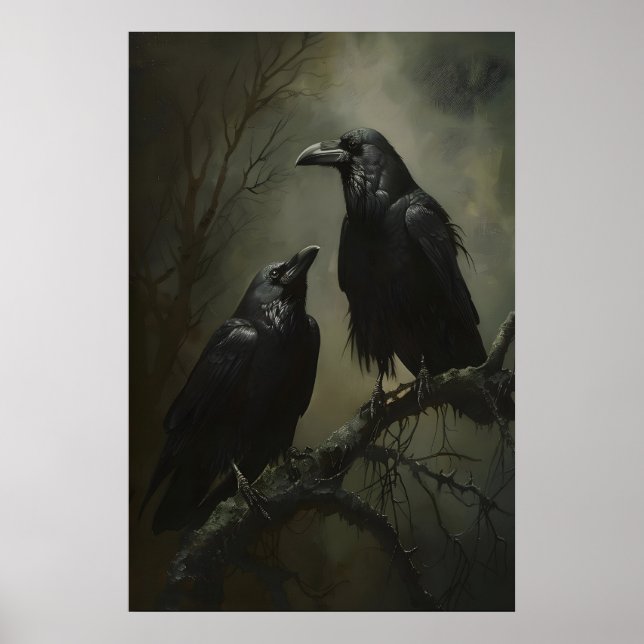 Gothic Crows Art Printable, Birds On Branch Dark Poster (Front)