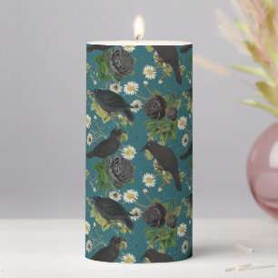 Gothic Crows & Black Roses Deep Teal Pattern Pillar Candle