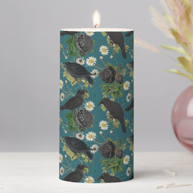 Gothic Crows & Black Roses Deep Teal Pattern Pillar Candle (In Situ)
