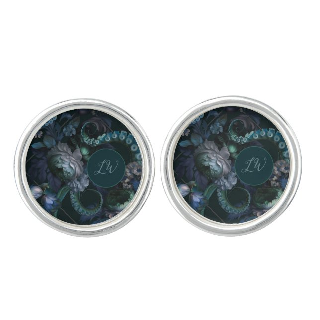 Gothic Cthulhu Turquoise Tentacle Monogram Cufflinks (Front)