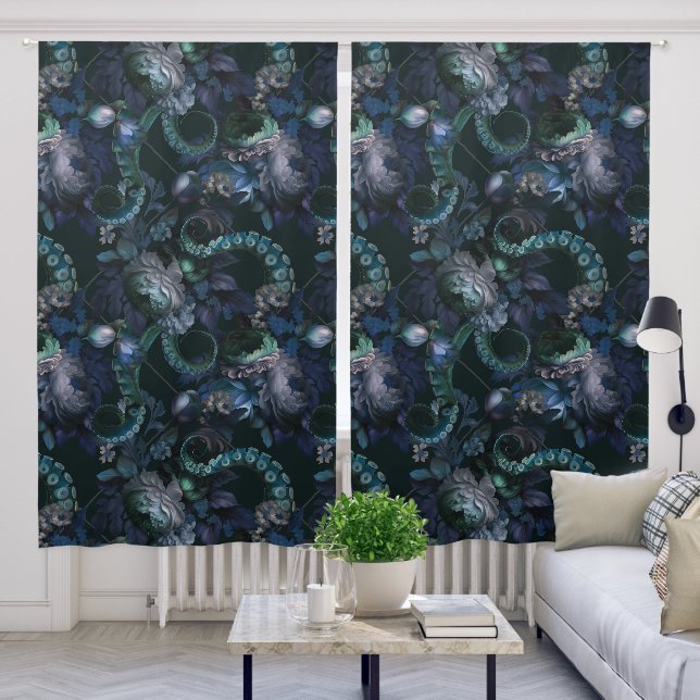 Gothic Cthulhu Turquoise Tentacle With Flowers Blackout Curtains (Living Room)