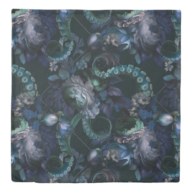 Gothic Cthulhu Turquoise Tentacle With Flowers Duvet Cover (Front)