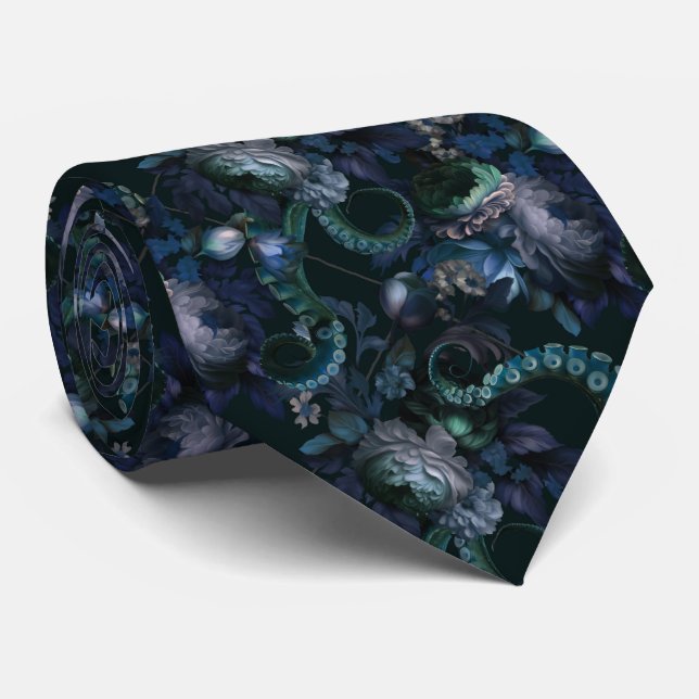 Gothic Cthulhu Turquoise Tentacle With Flowers Neck Tie (Rolled)