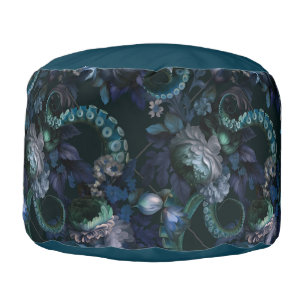 Gothic Cthulhu Turquoise Tentacle With Flowers Pouf