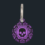 Gothic cute skull purple black spooky pet ID tag<br><div class="desc">Cute pet tag with a black and purple damask pattern on the front with a fanged skull design. On the back you can personalize with your pets name and your phone number. Cute for Halloween or Gothic dogs. The smaller size works for spooky cats too.</div>