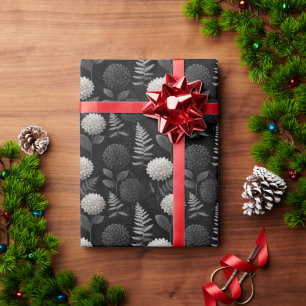 Gothic Dahlia and Fern Seamless Woodcut Pattern Wrapping Paper