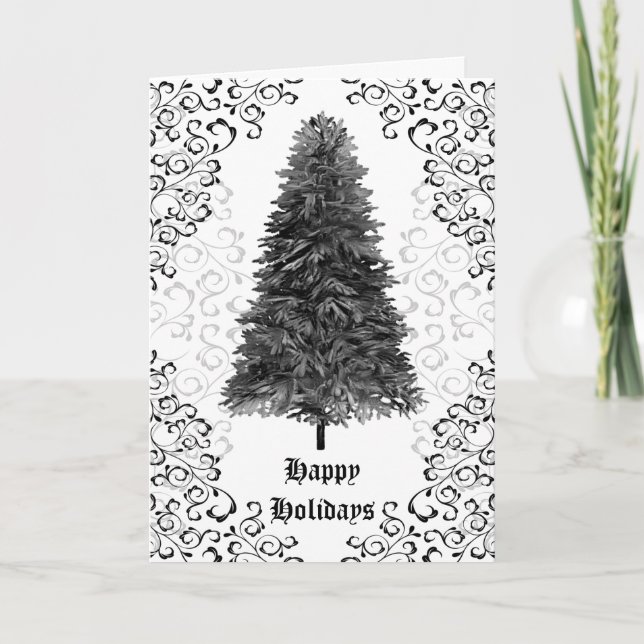 Gothic Damask Black Christmas Tree Holiday Card (Front)
