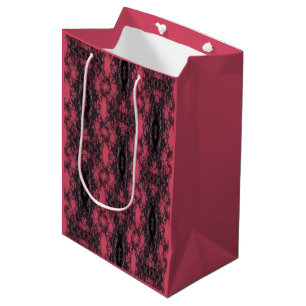 Gothic Damask Dark Pink and Black Lace Pattern  Medium Gift Bag