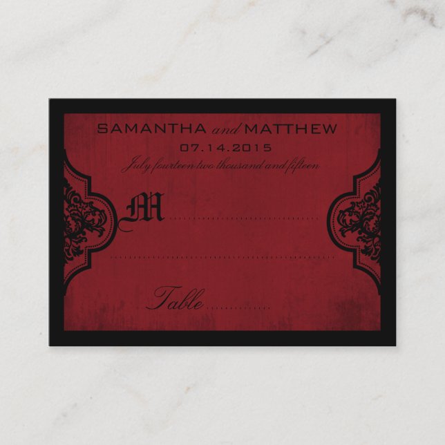 Gothic Damask Red Grunge Wedding Place Card (Front)