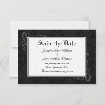 Gothic Damask Save The Date In Black & White by Truly_Uniquely at Zazzle