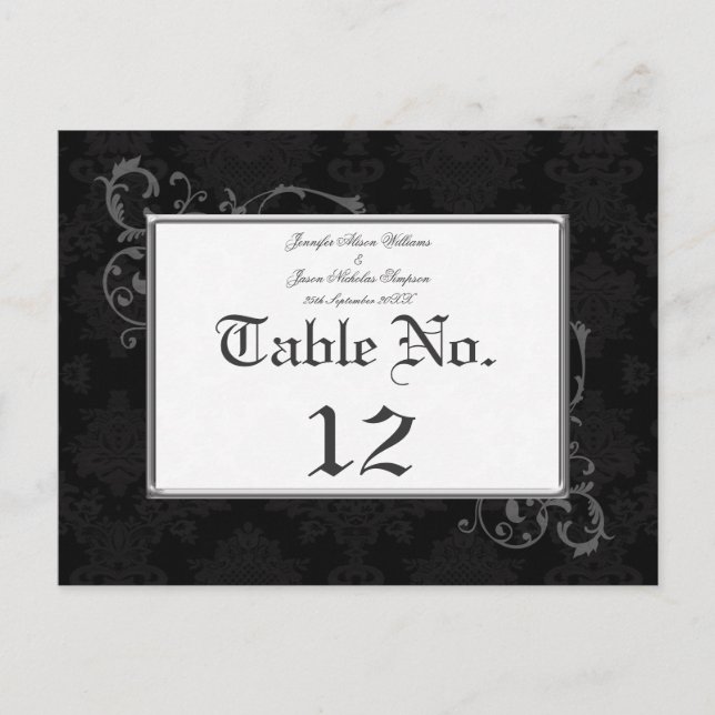 Gothic Damask Wedding Table Number Black & White (Front)