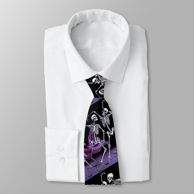 Gothic Dancing Skeletons Purple Wedding Neck Tie (Tied)
