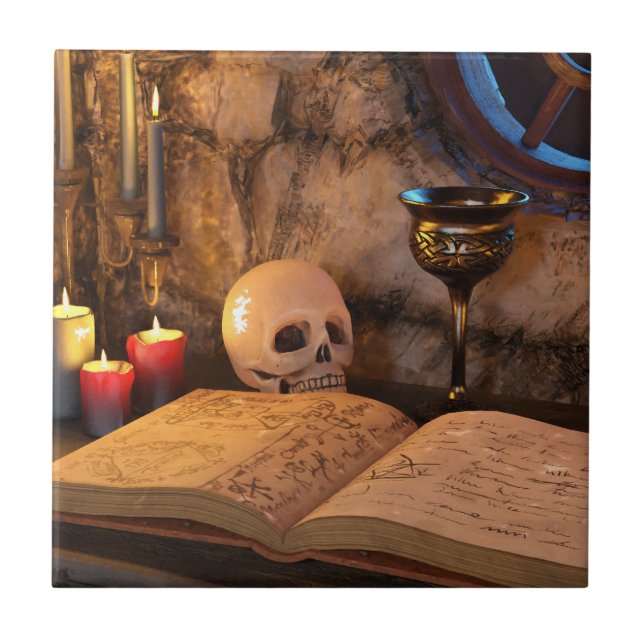 Gothic Dark Academia Candlelit Study Art Ceramic Tile (Front)