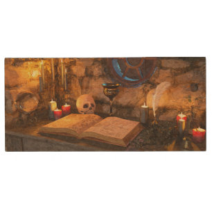 Gothic Dark Academia Candlelit Study Art Wood Flash Drive