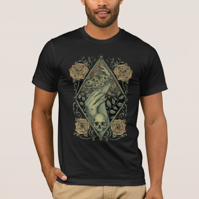 Gothic Dark And Green Hands Holding A Moth Graphic T-Shirt (Front)