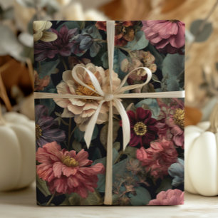 Gothic Dark and Moody Vintage Floral Pattern Wrapping Paper Sheets