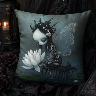 Gothic Dark Fantasy Fairy Skeleton Halloween Decor Throw Pillow