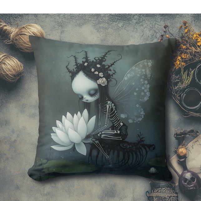 Gothic Dark Fantasy Fairy Skeleton Halloween Decor Throw Pillow (Creator Uploaded)