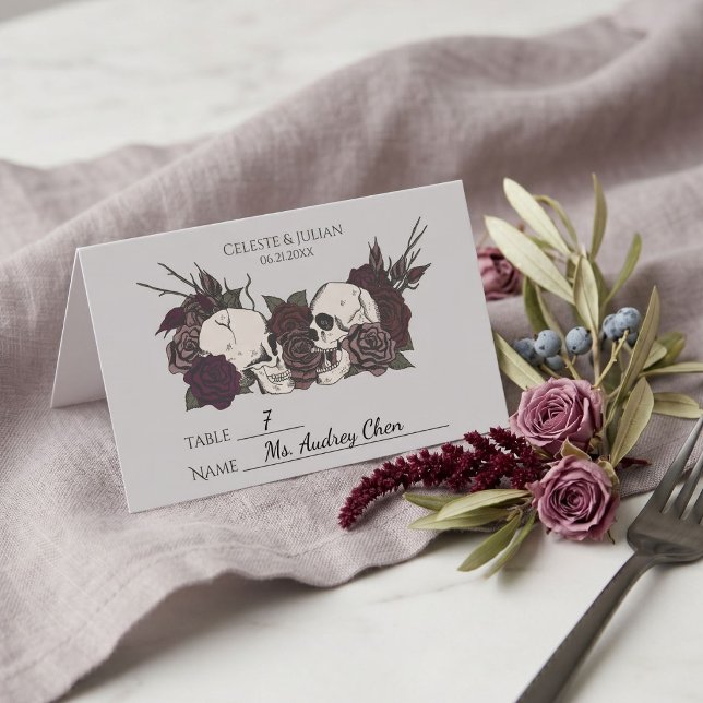 Gothic Dark Floral Light Gray Wedding Place Card (Gothic Wedding Place Card features hand-drawn skulls and roses in a moody whimsigoth aesthetic)