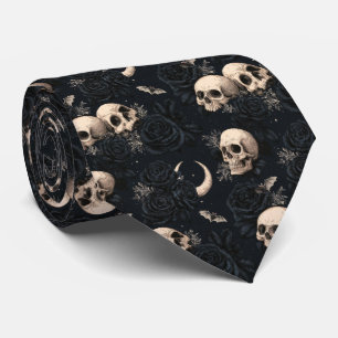 Gothic Dark Floral Skull and Black Roses Pattern Neck Tie