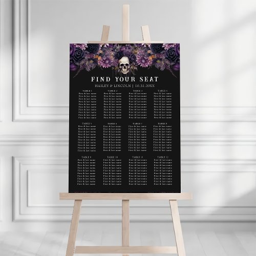 Gothic Dark Floral Skull Wedding Seating Chart  Foam Board