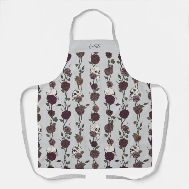 Gothic Dark Floral Skulls Light Gray Apron (Front)