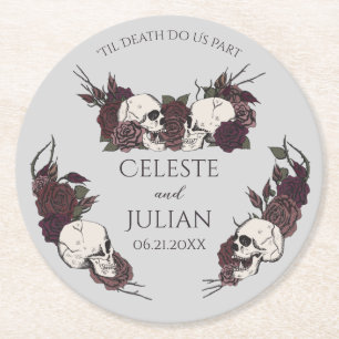 Gothic Dark Floral Til Death Gray Wedding Round Paper Coaster