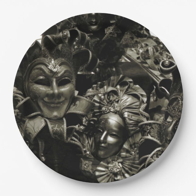 Gothic Dark Masquerade Masks Black and White Paper Plates (Front)