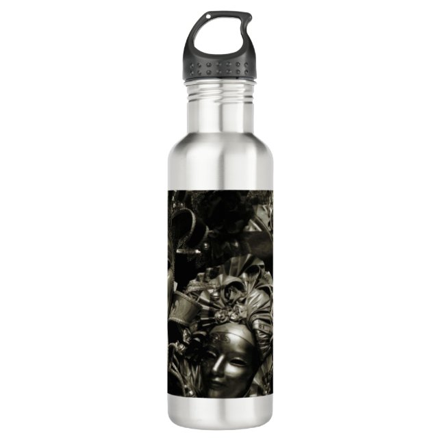 Gothic Dark Masquerade Masks Black and White Stainless Steel Water Bottle (Front)