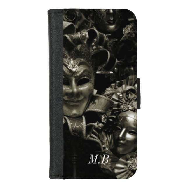 Gothic Dark Masquerade Masks Black Monogram iPhone Wallet Case (Front)