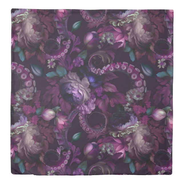 Gothic Dark Pink Tentacle With Flowers Duvet Cover (Front)