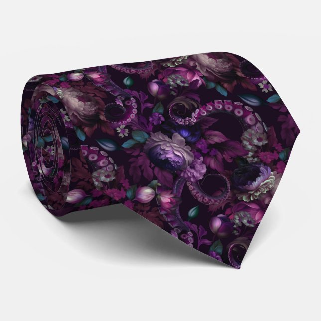 Gothic Dark Pink Tentacle With Flowers Neck Tie (Rolled)